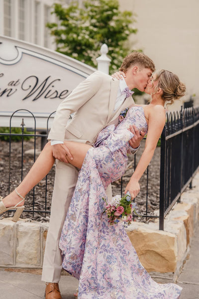 Cute Mermaid Strapless Lavender Jacquard Satin Prom Dress with Slit AB26050703