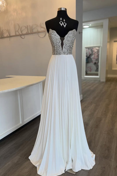 Cute A Line V Neck White Chiffon Prom Dress with Beading AB26010408