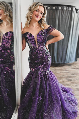 Sparkly Mermaid Off the Shoulder Purple Sequins Lace Long Prom Dress AB121103