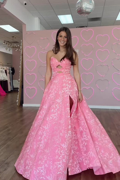 Gorgeous A Line Sweetheart Pink Jacquard Satin Long Prom Dress with Slit AB25100802