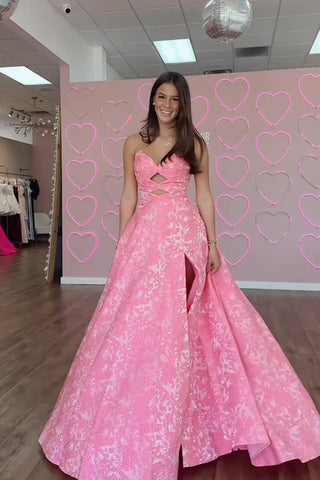 Gorgeous A Line Sweetheart Pink Jacquard Satin Long Prom Dress with Slit AB25100802