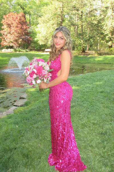 Sparkly Mermaid V Neck Fuchsia Sequins Lace Prom Dress with Slit AB26052606