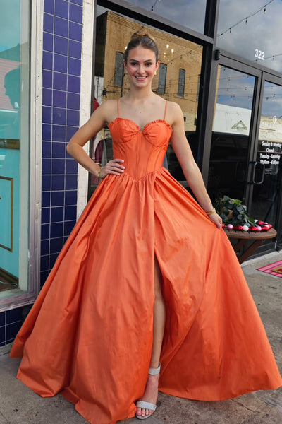 Cute A Line Sweetheart Orange Satin Prom Dress with Slit AB26012902