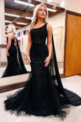 Unique Mermaid One Shoulder Black Long Prom Dress AB4031001