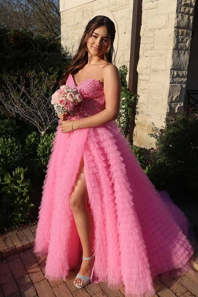 Cute Ball Gown Sweetheart Pink Tiered Tulle Prom Dress with Slit AB250534