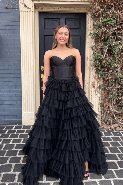 Cute Ball Gown Sweetheart Black Tulle Long Prom Dresses with Slit AB092103