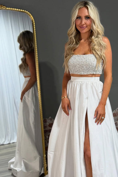 Ball Gown Strapless Two Piece Satin Slit Prom Dress with Beading AB05052904