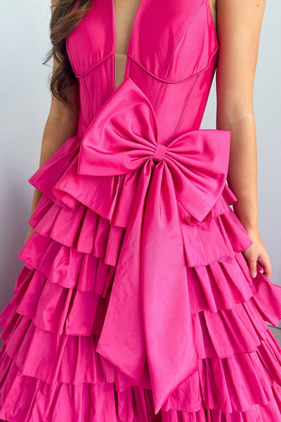 Ball Gown Halter Fuchsia Satin Ruffle Tiered Long Prom Dresses with Bowknot AB25032904