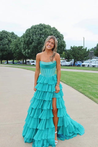 Charming A Line Scoop Neck Teal Tiered Chiffon Wedding Dress with Hot Stone AB25092803