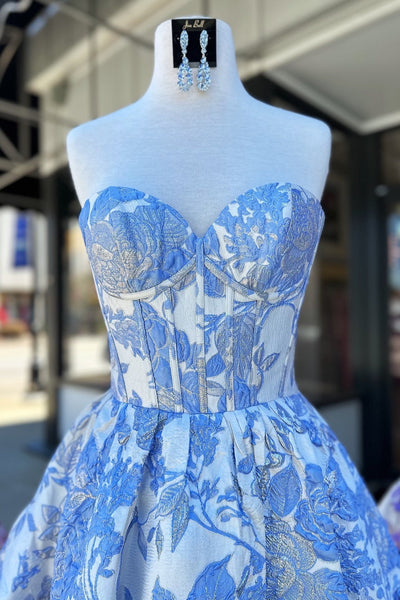 Cute Sweetheart Light Blue Jacquard Satin Short Homecoming Dress