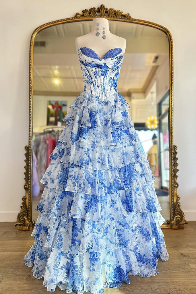 floral chiffon prom dress Stacees 2026 Blue White Floral Print A-Line Prom Dress with Ruffles & Slit