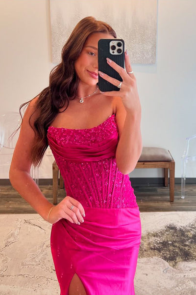Charming Mermaid Scoop Neck Fuchsia Satin Long Prom Dress with Appliques AB24111408