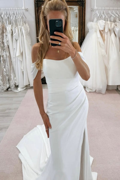Elegant Mermaid Off the Shoulder Elastic Satin Wedding Dress with Slit AB25112403