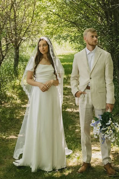 A-Line Square Neck Short Sleeves Satin Wedding Dress AB25092307