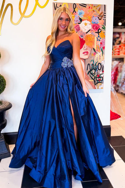 Gorgeous A Line V Neck Royal Blue Satin Long Prom Dress with Beading AB26030511