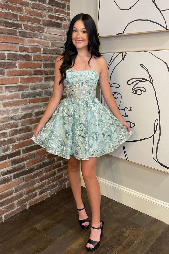 Mint Sequins Strapless A-Line Short Homecoming Dresses with Pockets AB4061801 Anniebride Mint Sequins Strapless A-Line Short Homecoming Dresses with Pockets AB4061801 Anniebride