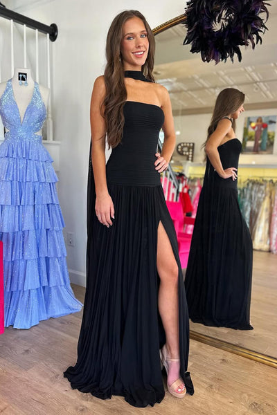 Cute Sheath Strapless Black Chiffon Prom Dress with Slit AB26010406
