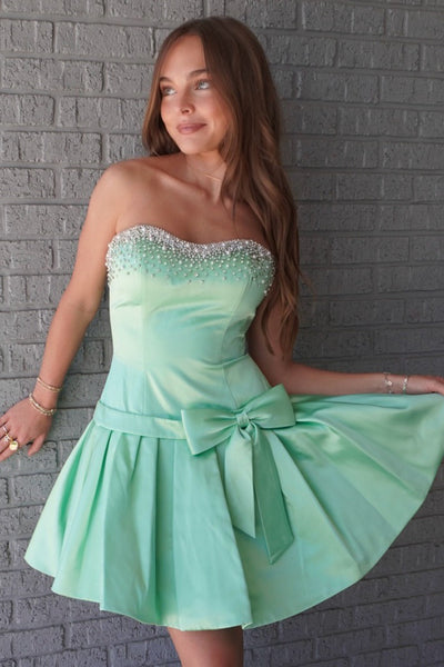 Cute A Line Sweetheart Green Satin Short Homecoming Dress with Beading AB26062402