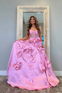 Gorgeous Ball Gown  Sweetheart Pink Satin Prom Dress with Handmade Flowers AB25022302