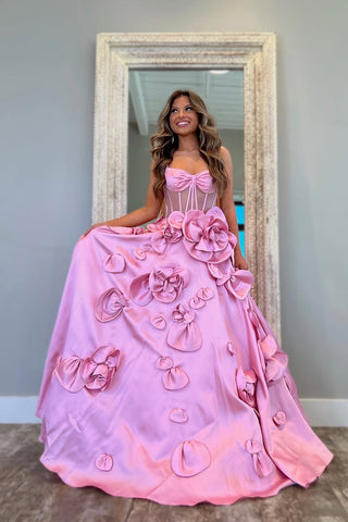 Gorgeous Ball Gown  Sweetheart Pink Satin Prom Dress with Handmade Flowers AB25022302