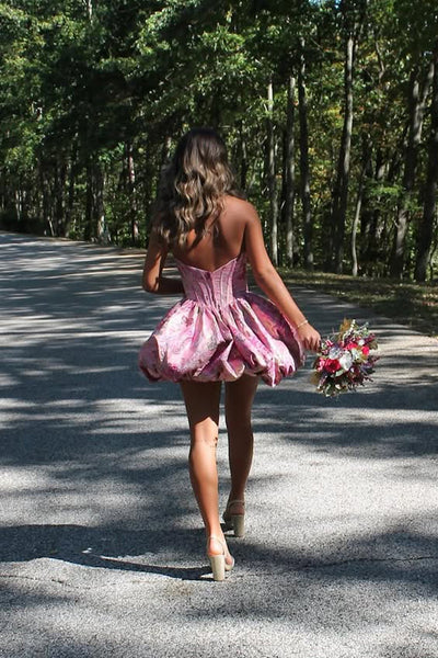 Cute A Line Strapless Pink Jacquard Satin Short Homecoming Dress AB25100804