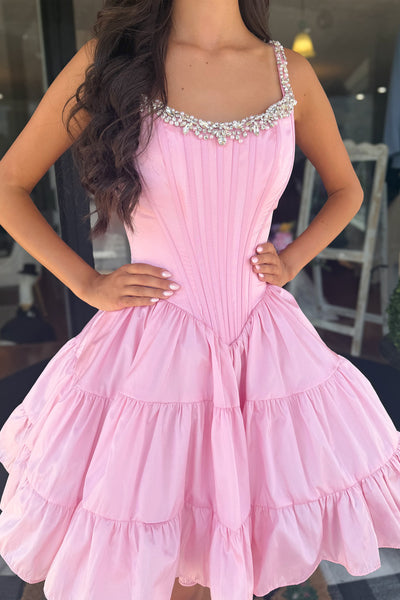A Line Scoop Neck Pink Satin Homecoming Dress AB26072010