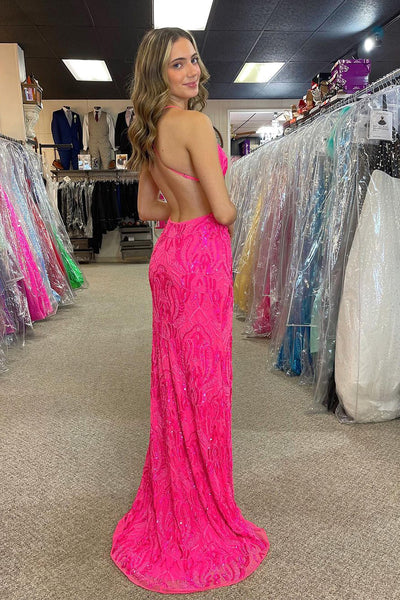 Mermaid V Neck Fuchsia Sequins Appliques Long Prom Dress AB4020603