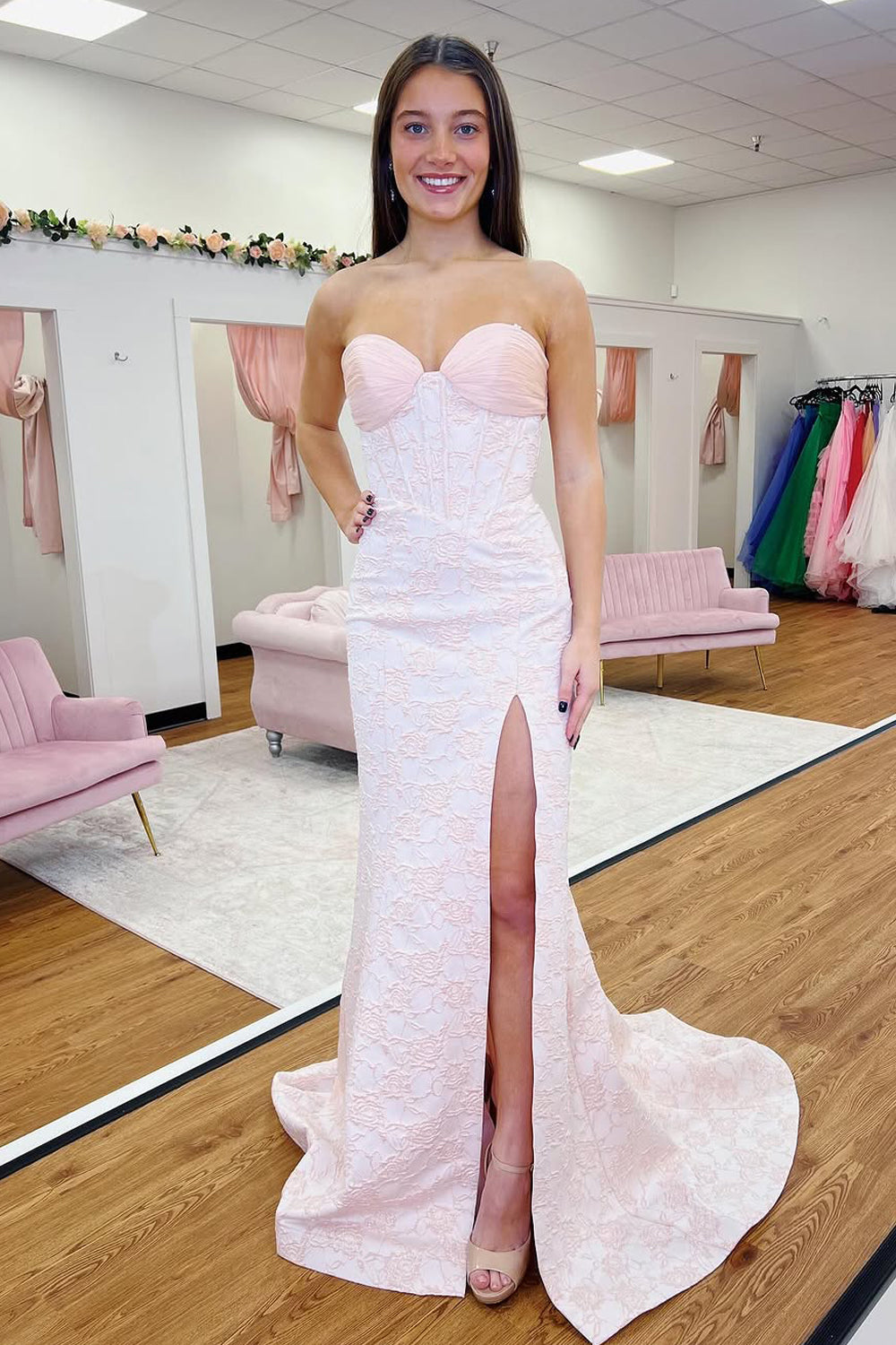 Cute Mermaid Sweetheart Light Pink Jacquard Satin Long Prom Dress AB25021202 Cute Mermaid Sweetheart Light Pink Jacquard Satin Long Prom Dress AB25021202