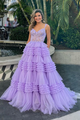 Cute Ball Gown Sweetheart Lavender Tulle Tiered Long Prom Dresses with Appliques AB121302