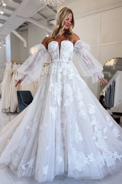 Fairy A Line Long Sleeves White Tulle Wedding Dress with Appliques AB25071101