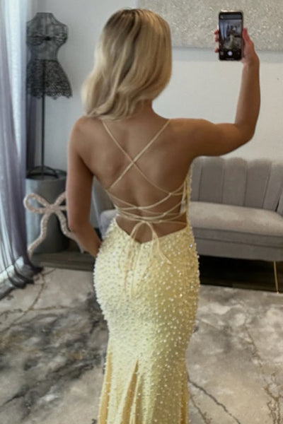 Gorgeoue Mermaid V Neck Daffodil Sequins Long Prom Dress with Beading AB26020316
