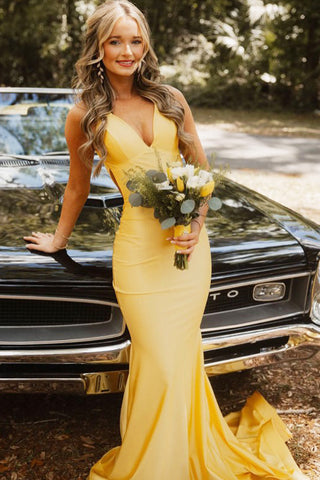 Charming Mermaid V Neck Yellow Elastic Satin Prom Dress AB25052825