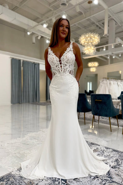 Elegant Mermaid V Neck Elastic Satin Wedding Dress with Appliques AB26051706