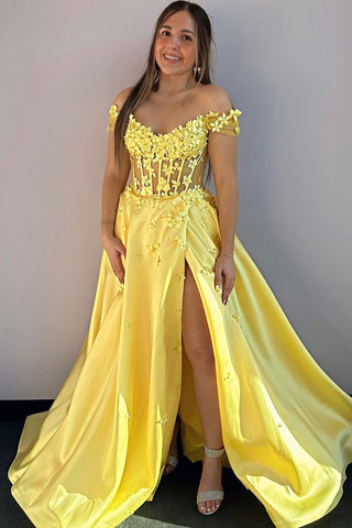 A-Line Off the Shoulder Yellow Satin Long Prom Dresses with Slit AB25032403