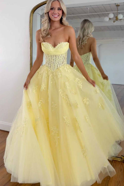 A Line Sweetheart Daffodil Tulle Prom Dress with Appliques AB26102901