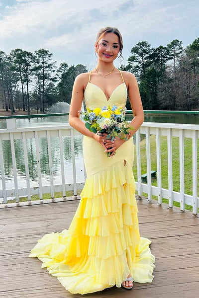 Sparkly Mermaid V Neck Daffodil Chiffon Tiered Prom Dress with Hot Fix AB26030509