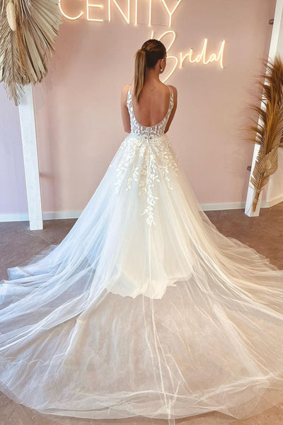 Fairy A Line V Neck Tulle Wedding Dresses with Appliques ABWD061824