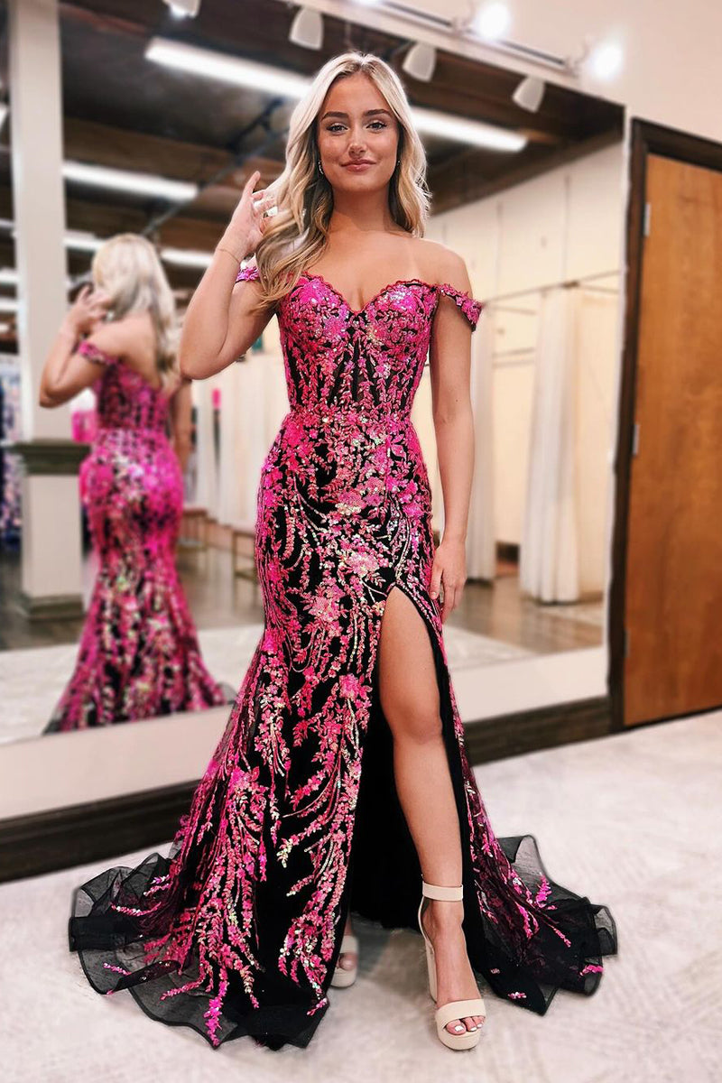 Black Off the Shoulder Mermaid Prom Dress with Fuchsia Sequins Appliques AB4030406 – Anniebride