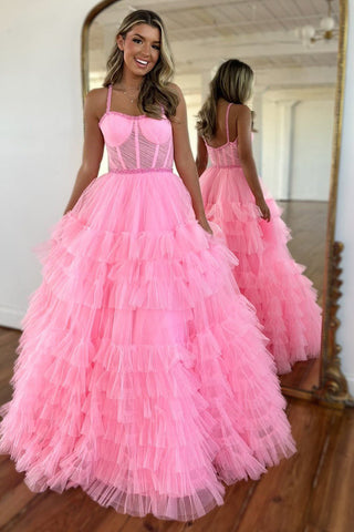 Cute A Line Scoop Neck Pink Tiered Tulle Long Prom Dresses with Beading AB24102105