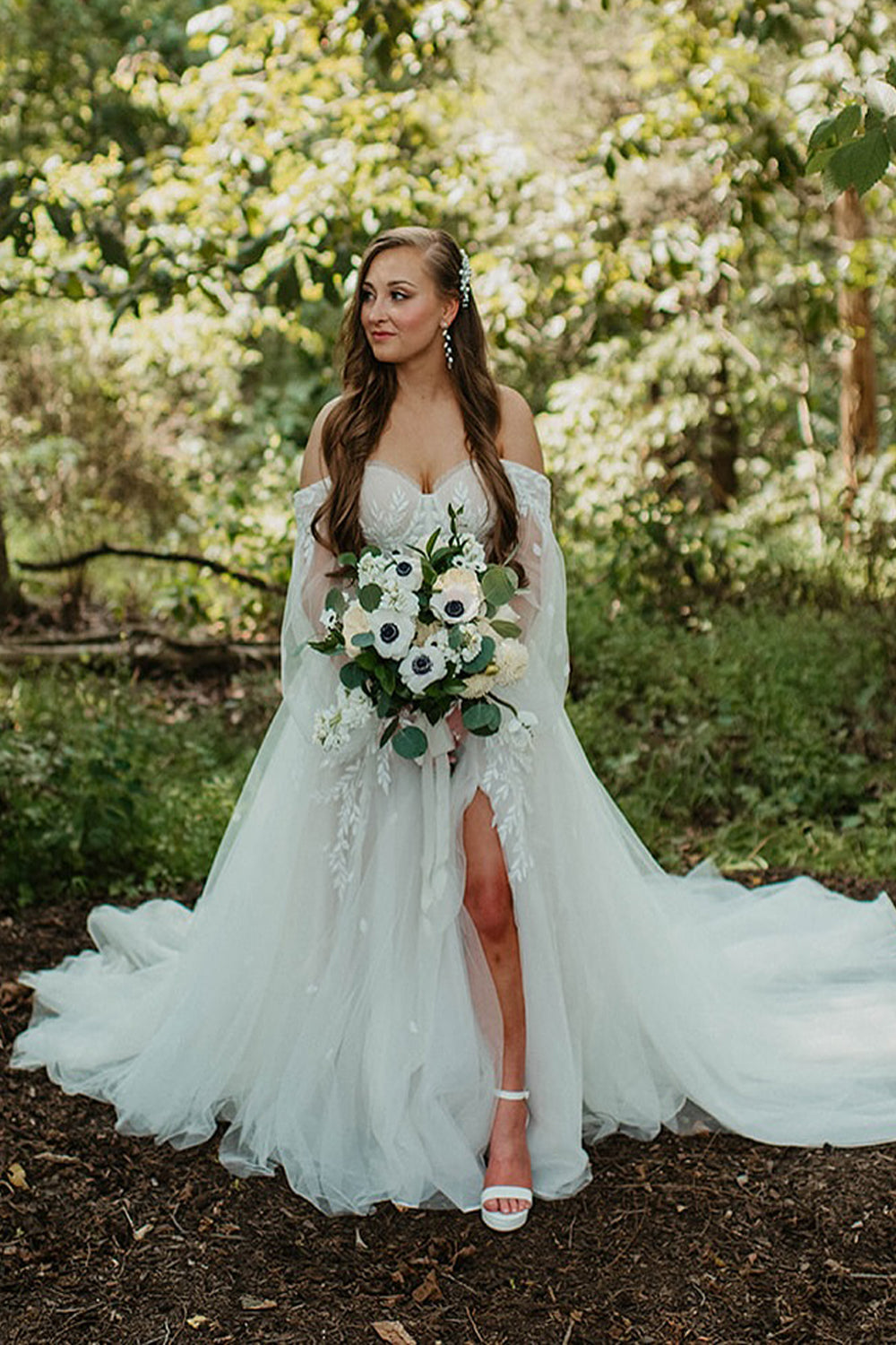 Boho A Line Off the Shoulder Long Sleeves Tulle Wedding Dress AB25052815