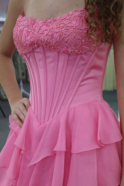 Cute A Line Scoop Neck Pink Chiffon Tiered Prom Dress with Slit AB26012414