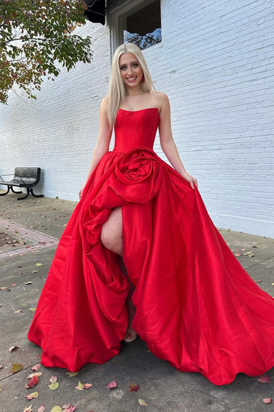 Cute A Line Scoop Neck Red Satin Prom Dress with Bow AB25111003