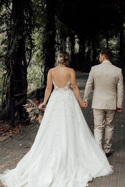 Fairy A Line V Neck Tulle Wedding Dress with Appliques AB26060102