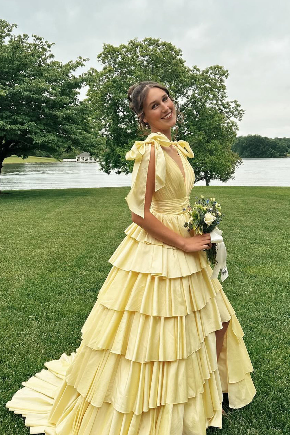 Cute Ball Gown V Neck Yellow Satin Tiered Long Prom Dress AB25053103