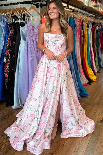 A Line Scoop Neck Floral Satin Long Prom Dress with Slit AB021514