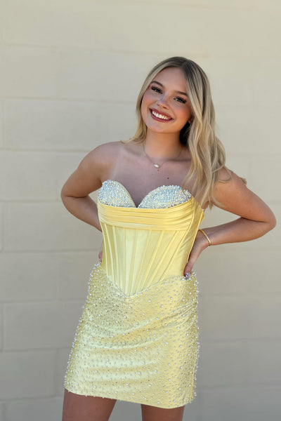 Sparkly Tight Sweetheart Yellow Satin Tiered Homecoming Dress with Beading AB26072001