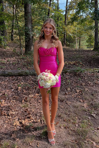 Cute Bodycon Sweetheart Fuchsia Satin Homecoming Dress with Hot Stone AB25101003
