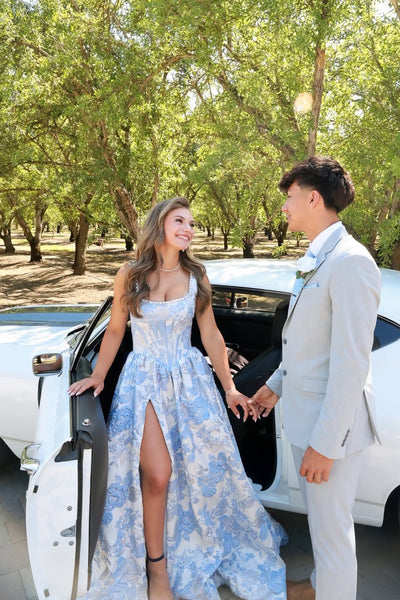Cute A Line Square Neck Jacquard Satin Prom Dress with Slit AB26060110