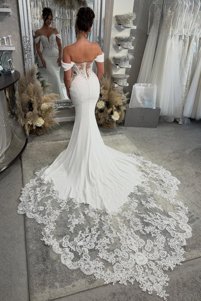 Elegant Mermaid Off the Shoulder Elastic Satin Wedding Dress with Lace AB26052403