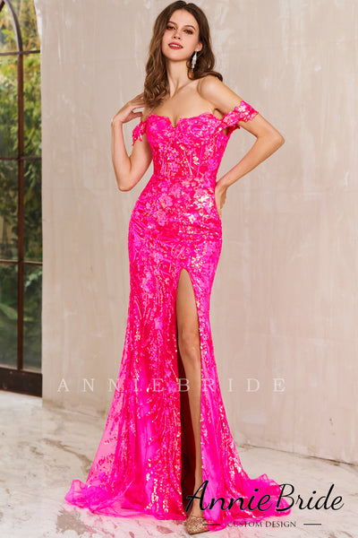 Cute Mermaid Off the Shoulder Hot Pink Sequins Long Prom Dress AB4010203